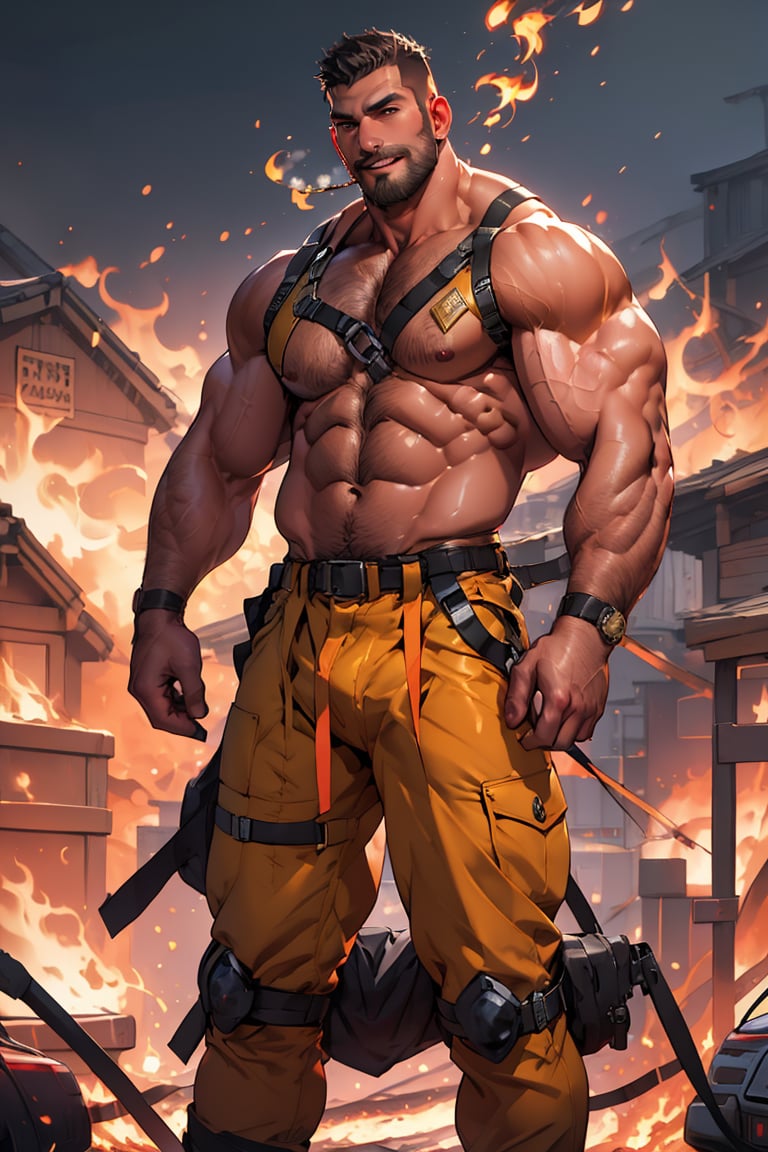 High-resolution digital painting of a handsome, bearded, muscular 40-year-old firefighter,full body, smiling, showing his chest, pectorals abs and biceps, orange pants with yellow bands, red helmet, intense piercing gaze, flirting with the viewer, realistic portrait, detailed facial features, some fires smoking behind, sparkles, professional artwork, realistic lighting, detailed beard, high-quality, realistic, detailed, intense gaze, masculine, flirting pose, digital painting, professional, realistic lighting, Virility,THICK ARMS