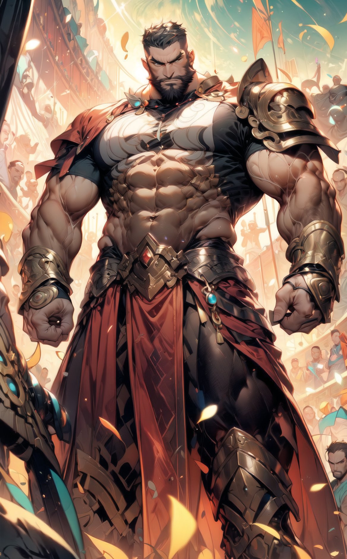 A muscular bearded handsome sexy gladiator grabbing a bronze  shield with a red cloack, in a colosseus arena, sparkles surrounding him. The camera gazes up at his determined figure from a low angle, emphasizing his imposing presence, brutal, eyes dark intensely looking at the viewer 