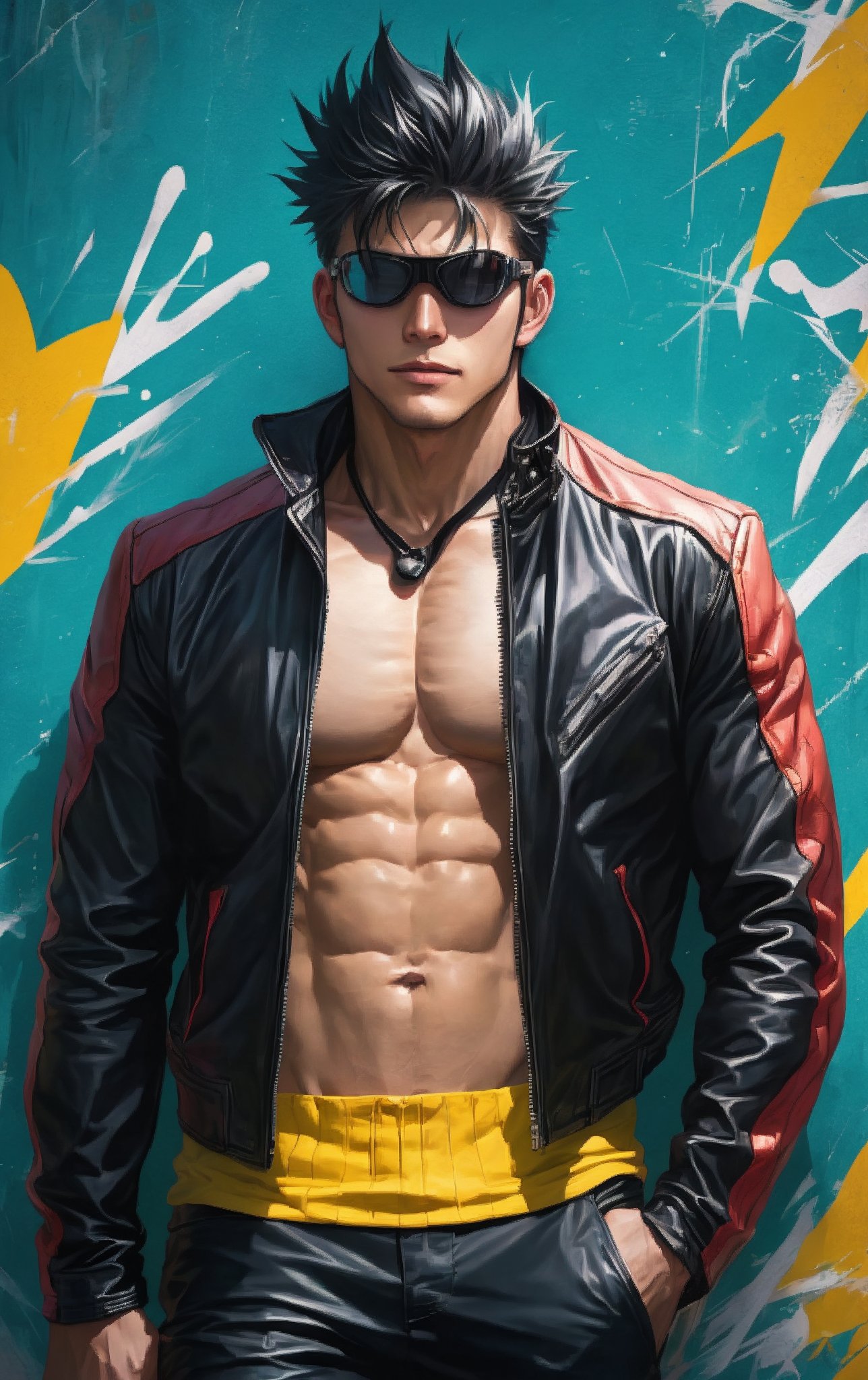 charming motobiker with openedyellow black striped leather jacket and goggles, showing his chiseled muscles and chest, bara man, gengoroh tagame anime style, in the style of street art aesthetic, cute cartoonish designs, photo-realistic techniques, dark red, childhood arcadias, anime aesthetic, cartoon-like figures 