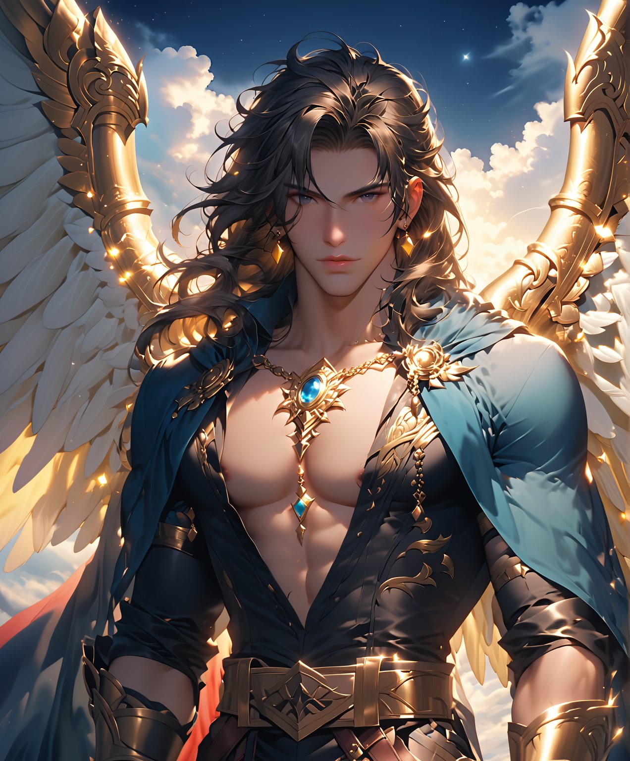 In Kawacy's anime painting style, a majestic figure emerges from the night sky's inky darkness. A man with radiant golden wings, face and chest shrouded by an otherworldly glow emanating from above, stands tall. His piercing dark eyes burn with determination beneath the veil of light. The white suit he wears is immaculate, its chest opening a glimpse into the mystery within. A dark blue cloak flows behind him like a river of night. Against this celestial backdrop, his figure seems to channel the power of the heavens, an angelic warrior or savior ready to descend and reshape the world.