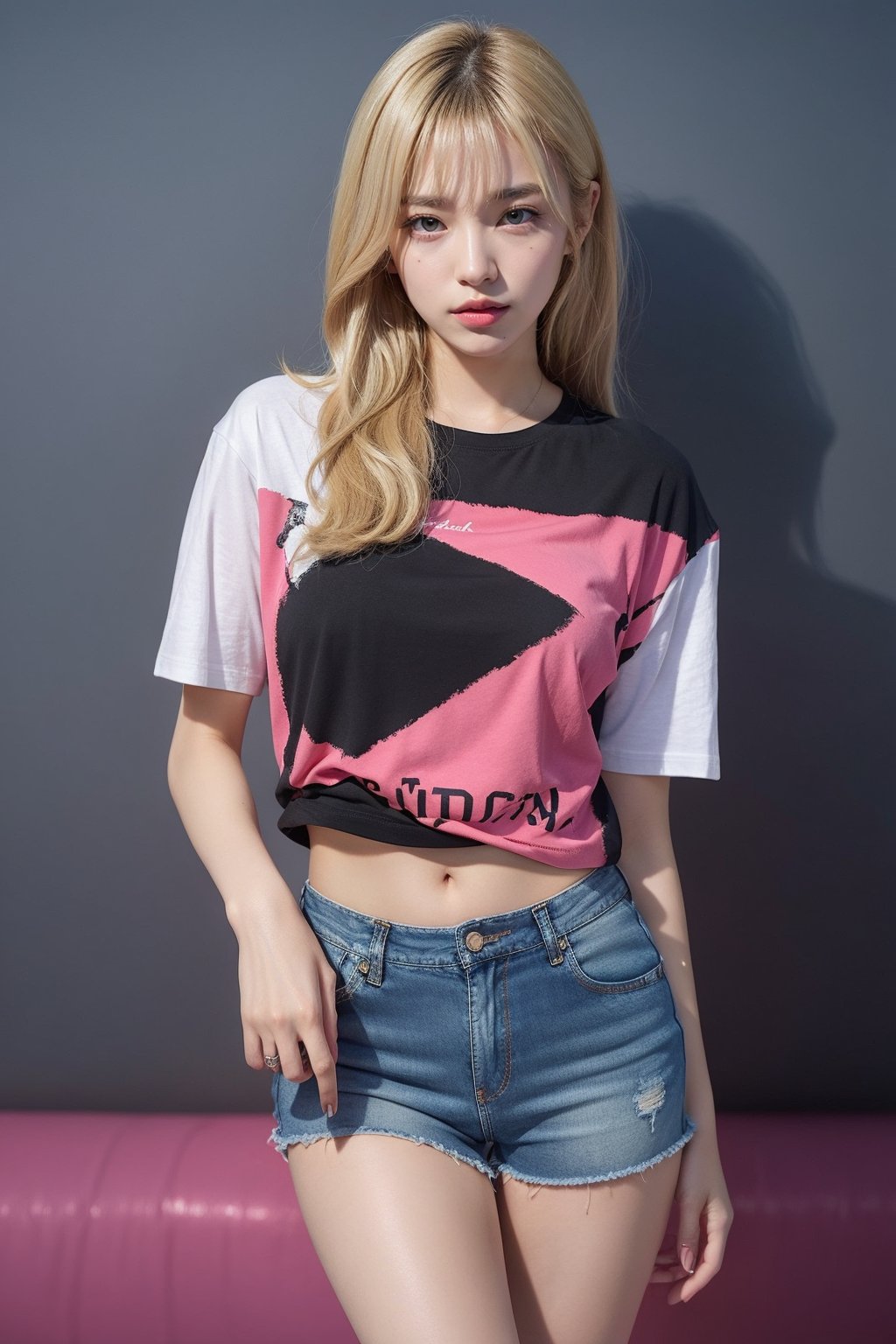 korea girl 22 year old, blond sleek pixie shorts hair style, wearing Oversize t-shirt, shorts bluejeans, solid pink black background,(Ruan-mei)