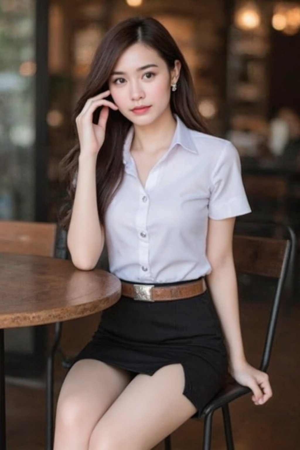 18 year old thailand woman, long hair,wetting a Torn fitting Shinny White short-sleeved slim-fit shirt with shoulder-length sleeves,belt,earing,Smartwatch,neckleck, Black Narrow skirt short with a slit on the left side, Black high heels, in a coffee shop