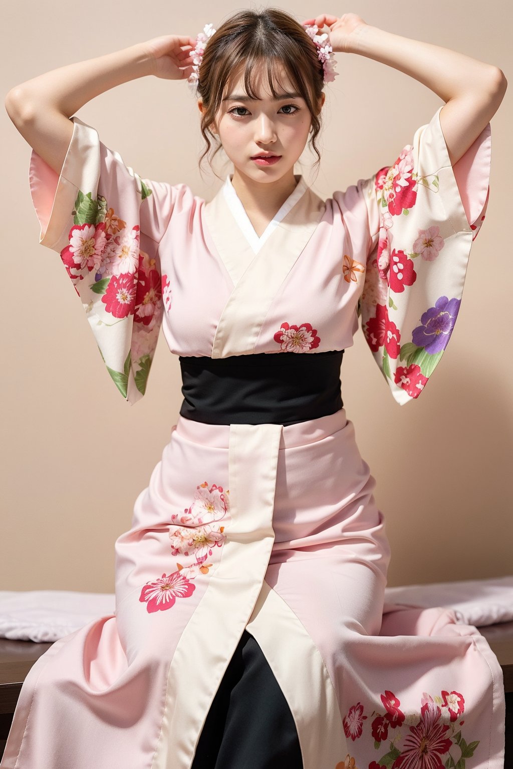 Thai girl 22 year old, blond sleek pixie short hair style, wearing pastel pink kimono sakura flower, solid black color background