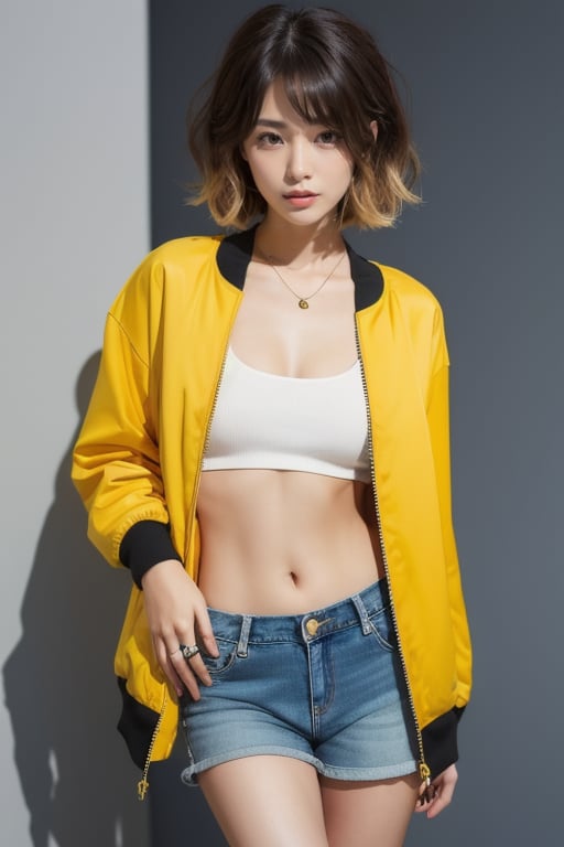 korea girl 22 year old, blond sleek pixie shorts hair style, wearing oversize yellow jacket bomber m1, shorts bluejeans, white sneaker, solid black background,(Ruan-mei)