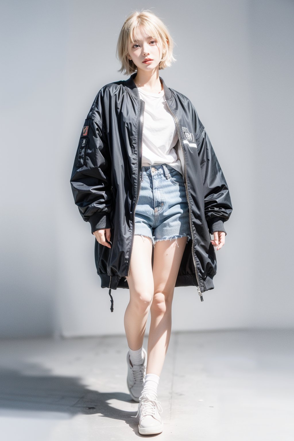 Best quality, masterpiece, ultra high res, (photorealistic:1.4), raw photo,  korea girl 22 year old, blond sleek pixie shorts hair style, wearing oversize black jacket bomber m1, shorts bluejeans, white sneaker, solid grey background,