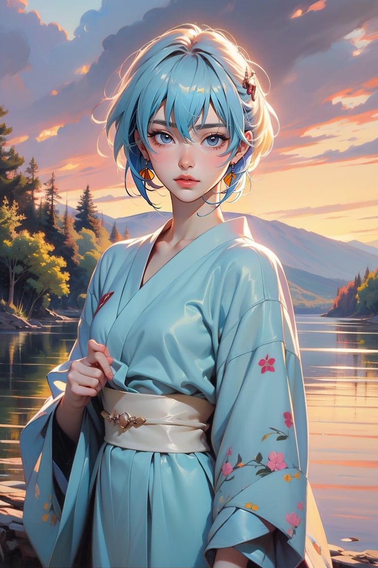 Ayanami Rei, Evangelion, pastel blue kimono, 1 girl, picnic by the lake, mute colors, Rococo-style oil painting, masterpiece,More Detail,Colors