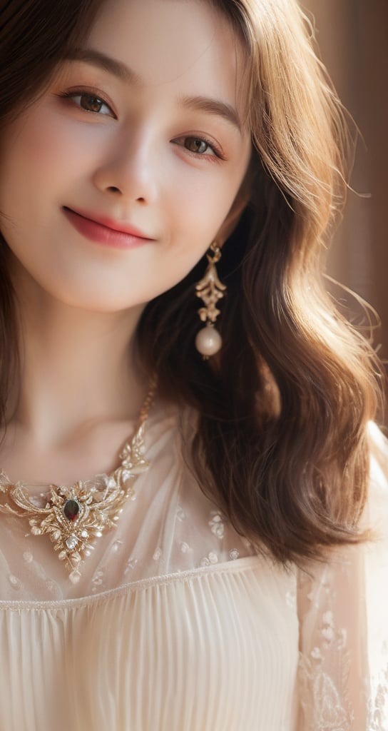 Beautiful soft light, (beautiful and delicate eyes), very detailed, pale skin, (long hair), dreamy, ((front shot)), soft expression, bright smile, art photography, fantasy, jewelry, shyness, soft image, masterpiece , ultra-high resolution, color, very delicate and soft lighting, details, Ultra HD, 8k, highest quality,a 28 year old girl child, ,xxmixgirl