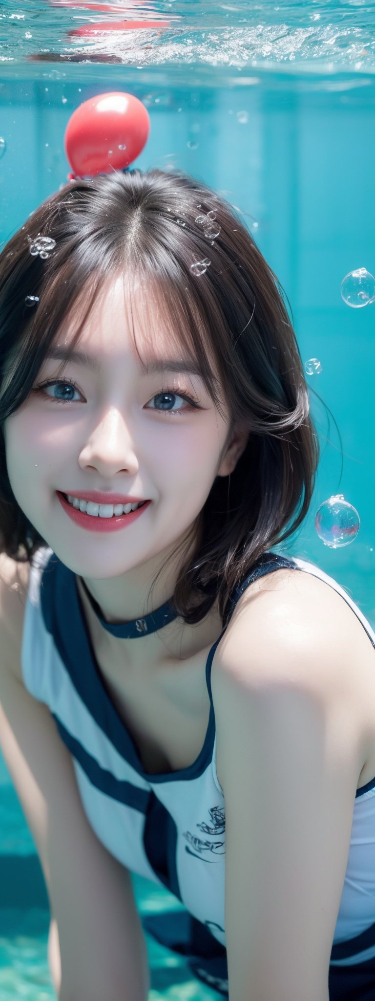 1girl, solo,,  short hair, blue eyes,black hair, collarbone, GRIN, water, lips, black transparent cheongsam, sunlight, bubbles, underwater, (small bubbles: 1.3), (red balloons: 1.2), perfect light, idol,