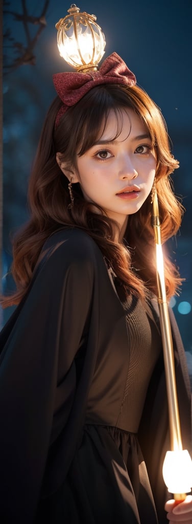 a young woman,looking at the camera, posing,ulzzang, streaming on twitch, character album cover,red moment,style of bokeh, witch dress, ,moody lighting,appropriate comparison of cold and warm, hair over one eye, bow on head, reality,Holding a scepter,1girl,lady,perfect light,beauty