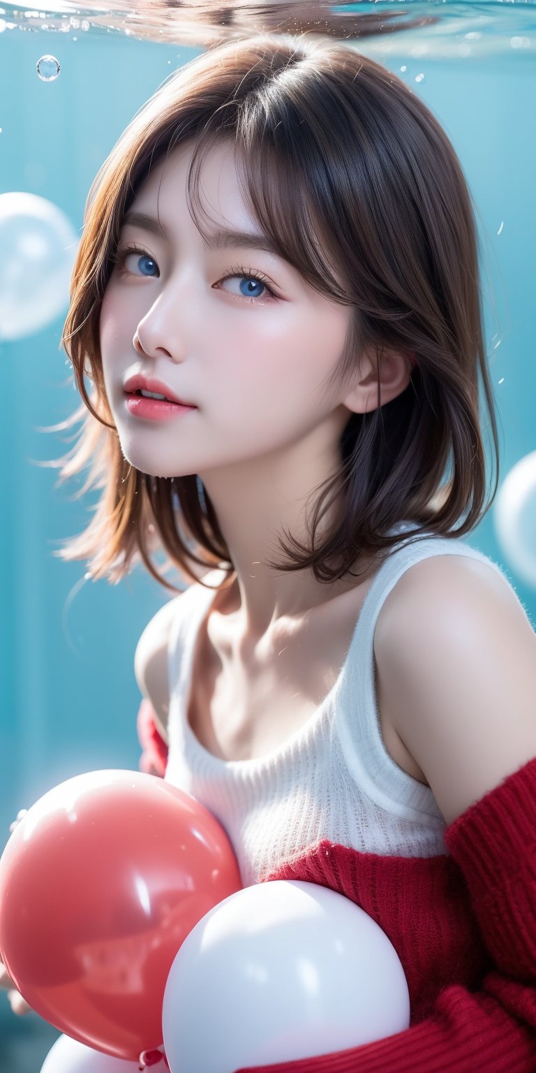 1girl, solo, looking at viewer, short hair, blue eyes, brown hair, black hair, collarbones, parted lips, water, lips, white sweater, sunlight, bubbles, underwater, (small bubbles:1.3), (red balloons:1.2), korean, perfect light, idol, 