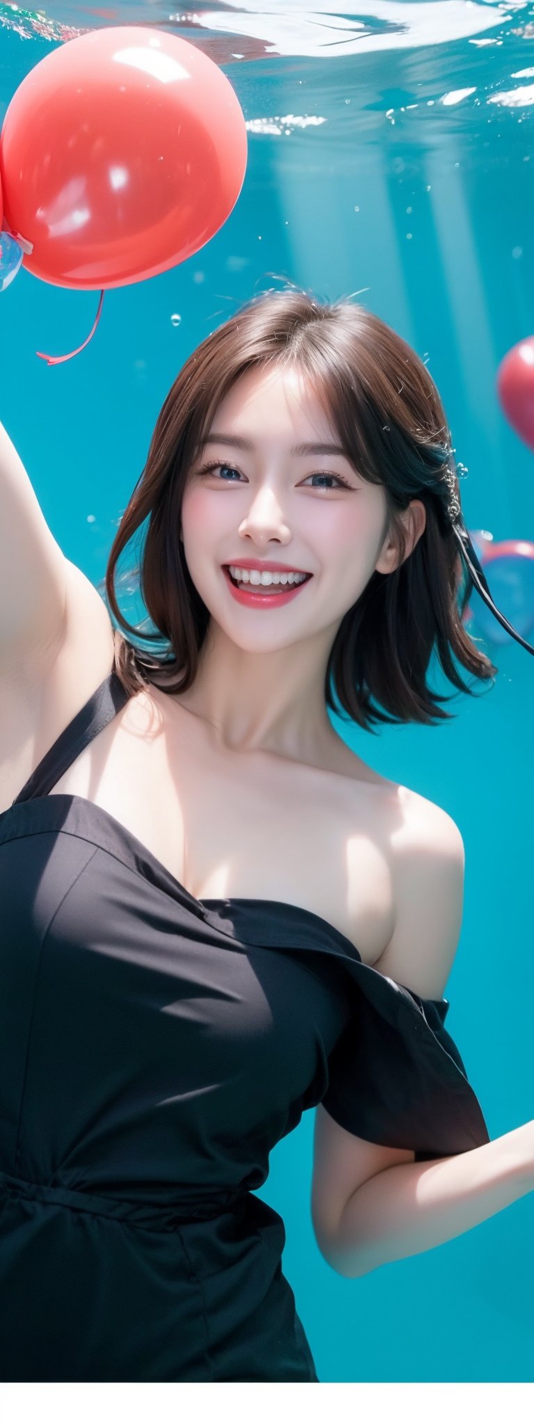 1girl, solo,,  short hair, blue eyes,black hair, collarbone, GRIN, water, lips, black transparent OFF SHOULDER, sunlight, bubbles, underwater, (small bubbles: 1.3), (red balloons: 1.2), perfect light, idol,