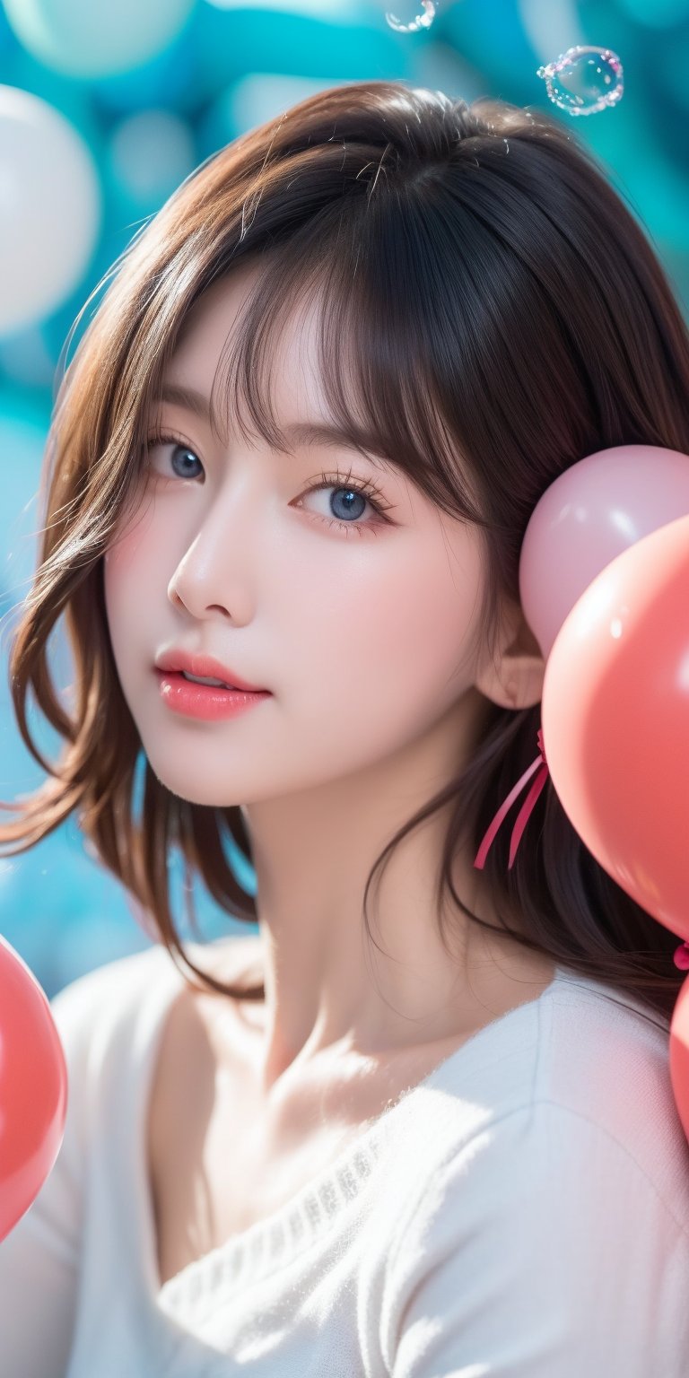 1girl, solo, looking at viewer, short hair, blue eyes, brown hair, black hair, collarbones, parted lips, water, lips, white sweater, sunlight, bubbles, underwater, (small bubbles:1.3), (red balloons:1.2), korean, perfect light, idol, 