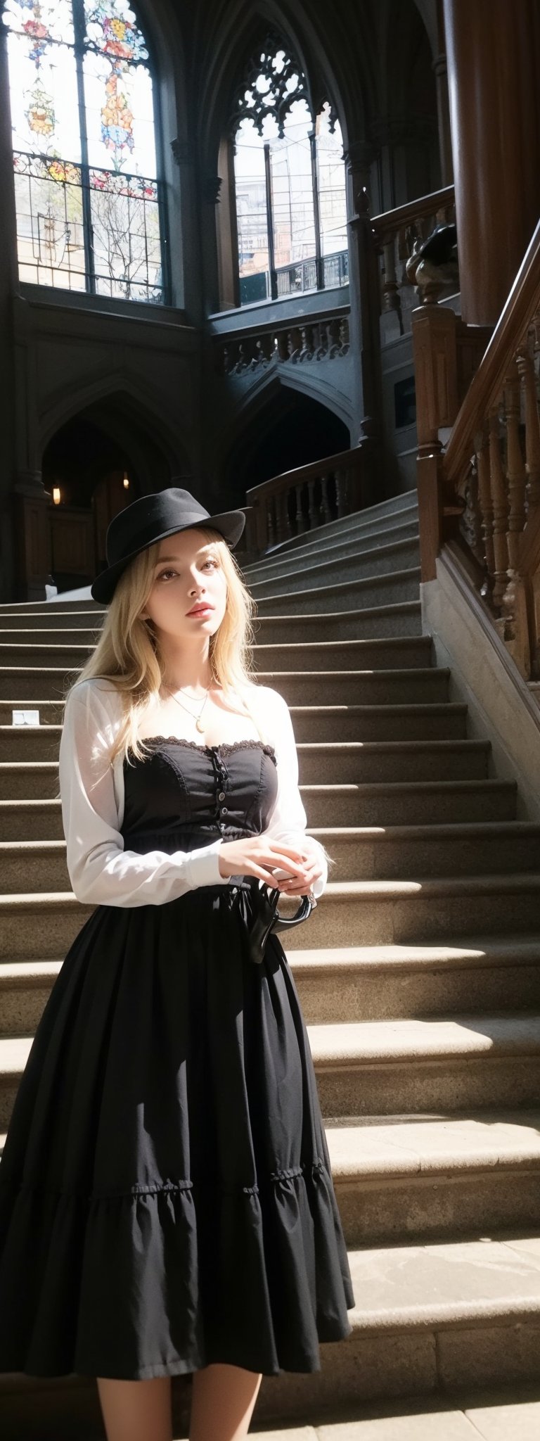 masterpiece,illustration,ray tracing,finely detailed,best detailed,Clear picture,intricate details,highlight,
gothic architecture,
looking at viewer,

nature,gothic architecture,bird,the lakeside in the heart of the forest,the staircase of the balcony,
1girl,long hair,hat,light blonde hair,
yellow bow,yellow bag,skirt,upper body,,perfect light,lady,beauty