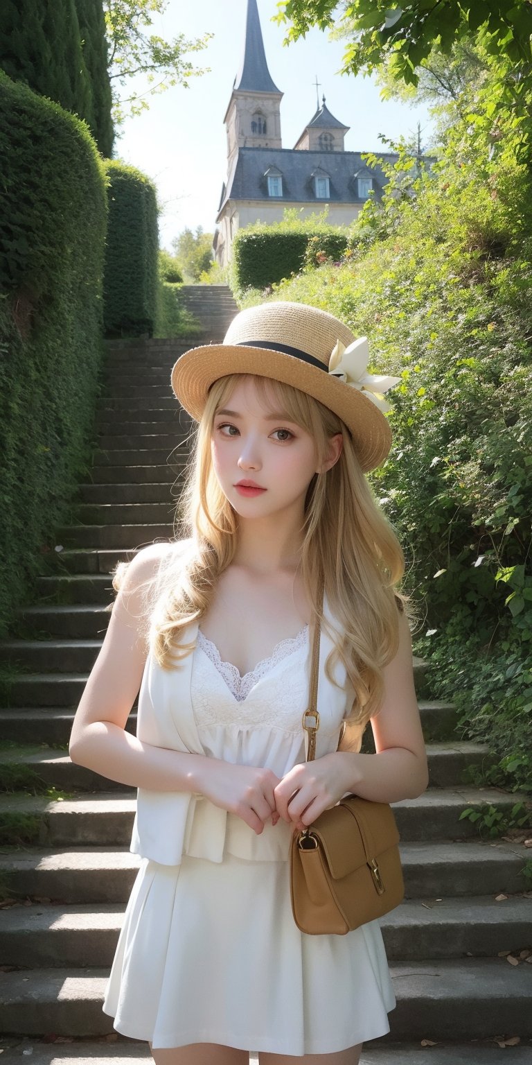 masterpiece,illustration,ray tracing,finely detailed,best detailed,Clear picture,intricate details,highlight,
anime,
gothic architecture,
looking at viewer,

nature,gothic architecture,bird,the lakeside in the heart of the forest,the staircase of the balcony,

NikkeRei,
1girl,loli,baby,long hair,hat,light blonde hair,
yellow bow,yellow bag,skirt,upper body,,perfect light,Beauty,Korean