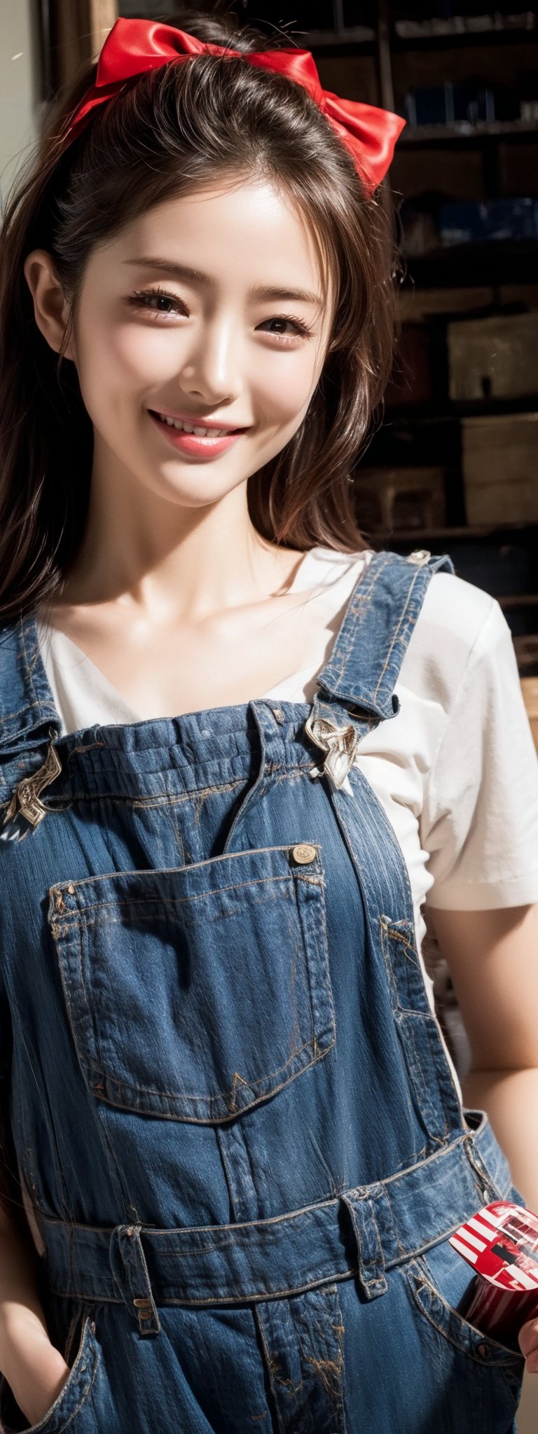 (Masterpiece, Top Quality, Best Quality, Official Art, Beauty and Aesthetics: 1.2), HDR, high contrast, wide shot(majestic:1.5), hyper realistic, highly detailed, uhd:1.3, RAW photo, ,Japanese ,idol,1girl, grin,dungarees , bow on head, pale skin,maintenance shop