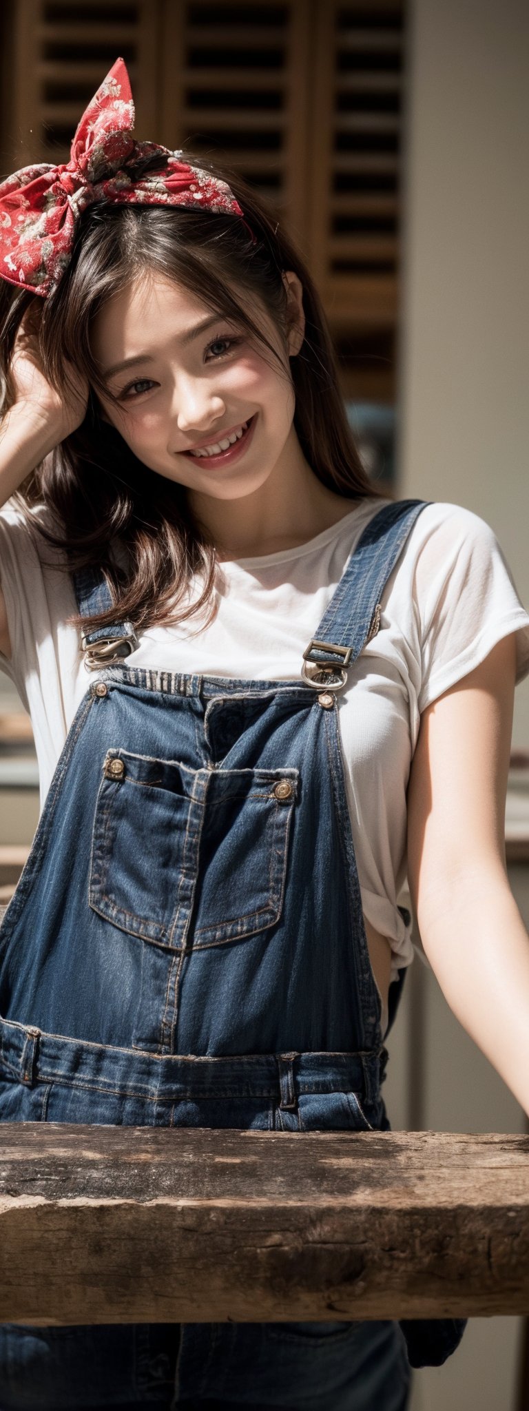 (Masterpiece, Top Quality, Best Quality, Official Art, Beauty and Aesthetics: 1.2), HDR, high contrast, wide shot(majestic:1.5), hyper realistic, highly detailed, uhd:1.3, RAW photo, ,Japanese ,idol,1girl, grin,dungarees , bow on head, pale skin,maintenance shop