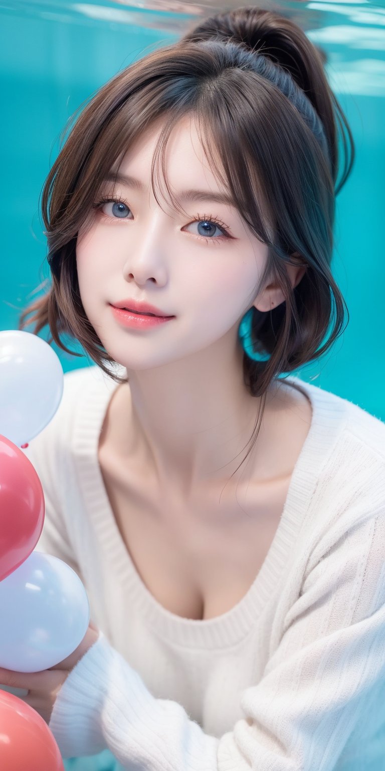 1girl, solo, looking at viewer, short hair, blue eyes, brown hair, black hair, collarbones, parted lips, water, lips, white sweater, sunlight, bubbles, underwater, ((small bubbles)), red balloons ,korean,perfect light,idol