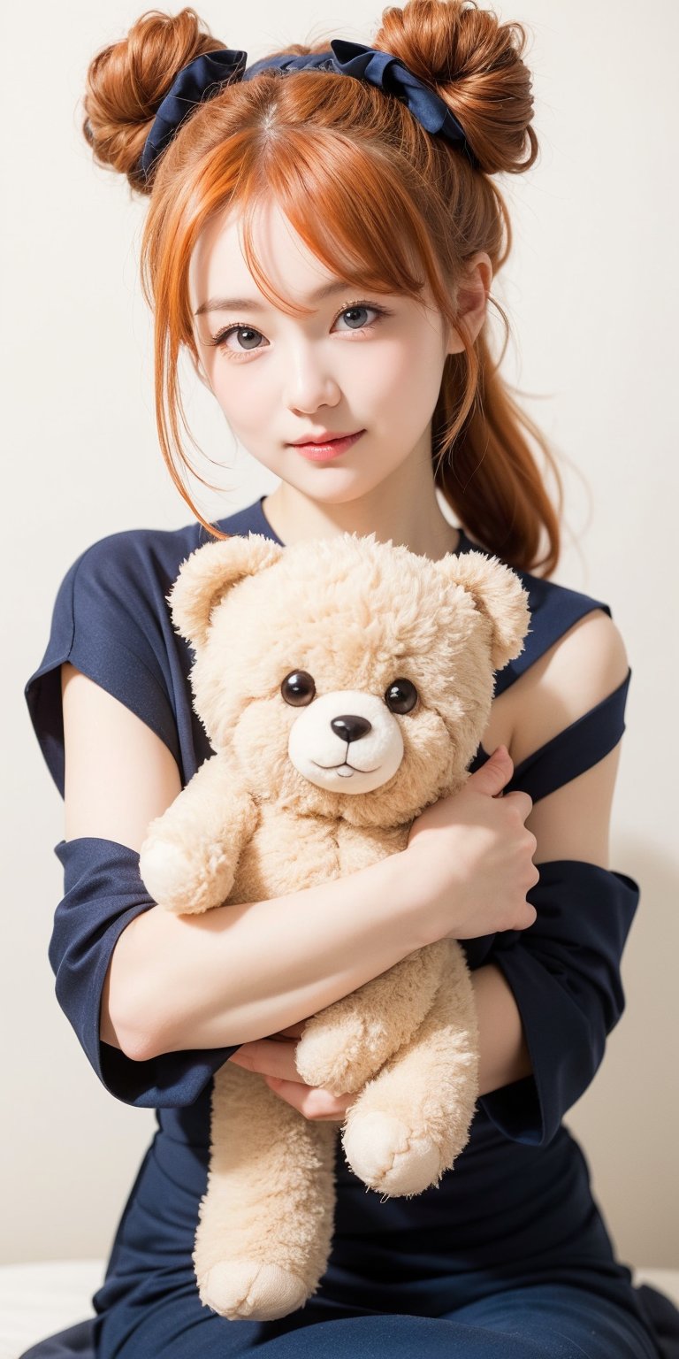 1girl, light orange hair, blue eyes, long hair, cute dress, elegant bun hairstyle, tender gaze, warmly facial expression, white background, holding a BEAR DOLL, she’s a noblewoman. she is sitting. ((Chibi character)),Korean,Japanese,perfect light