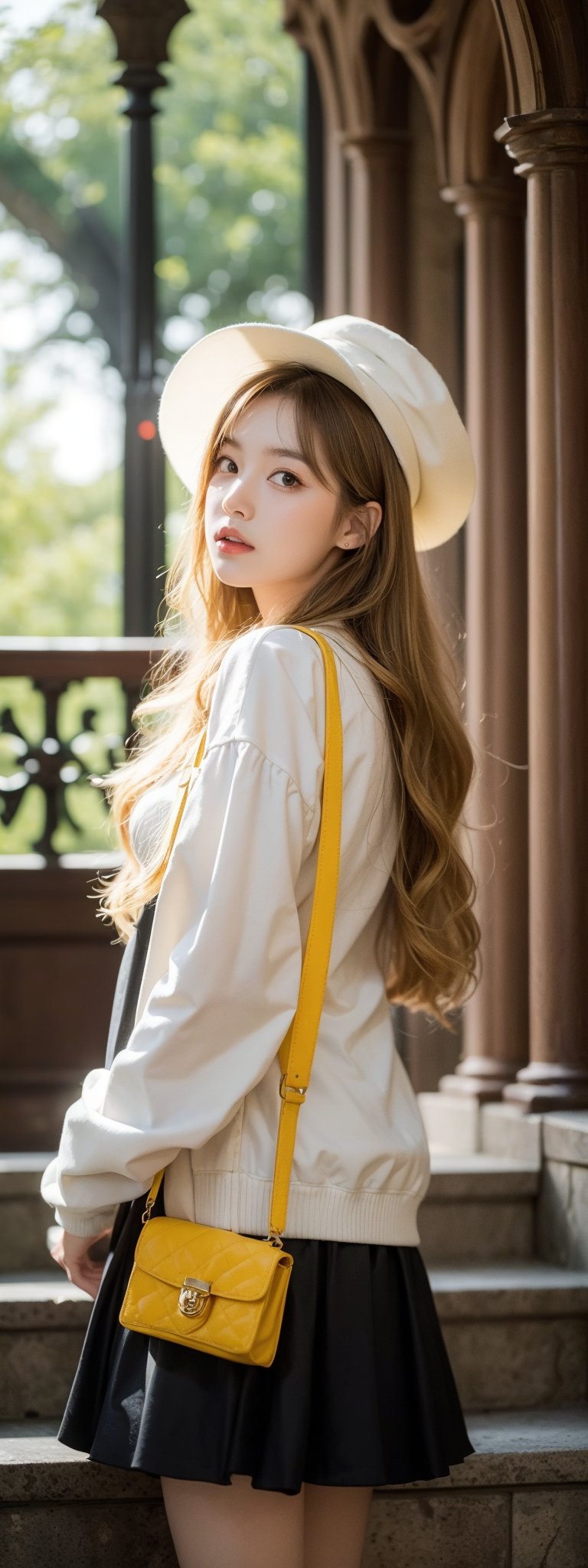 masterpiece,illustration,ray tracing,finely detailed,best detailed,Clear picture,intricate details,highlight,
gothic architecture,
looking at viewer,

nature,gothic architecture,bird,the lakeside in the heart of the forest,the staircase of the balcony,
1girl,long hair,hat,light blonde hair,
yellow bow,yellow bag,skirt,upper body,,perfect light,Korean,idol