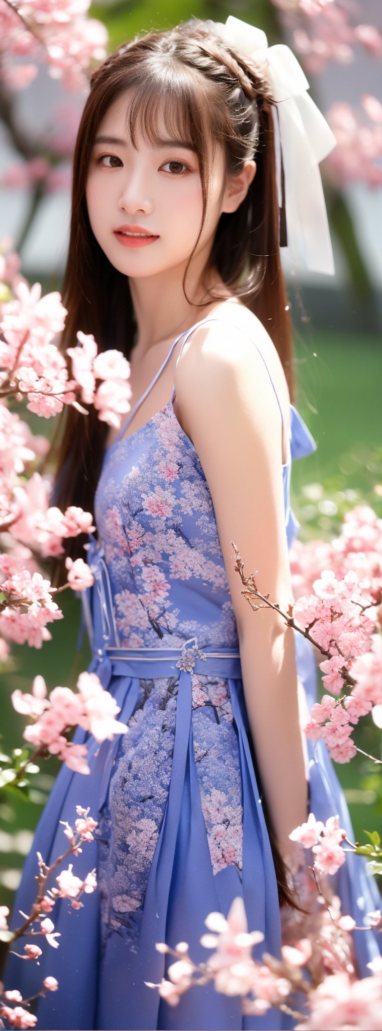 A 16-year-old Japanese beauty,in the sakura flowers.Turn slightly,iris purple dress,Beauty