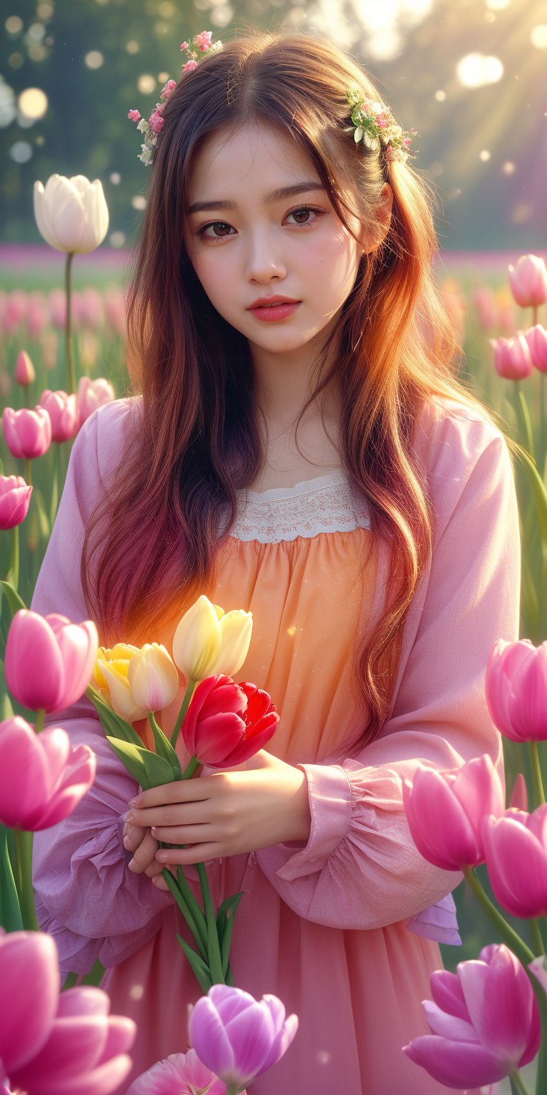 absurdres,  highres,  ultra detailed,  (1girl:1.3), smile , sunlight , lens flare reflection,lomography,  analog photography,  vibrant colors,  soft focus,  light leaks,  dreamy atmosphere,  experimental charm,  nostalgic appeal, looking into the viewer, tulips flower farm in bg, holding 1 tulip flower in right hand, perfect fingers,1 girl,Korean