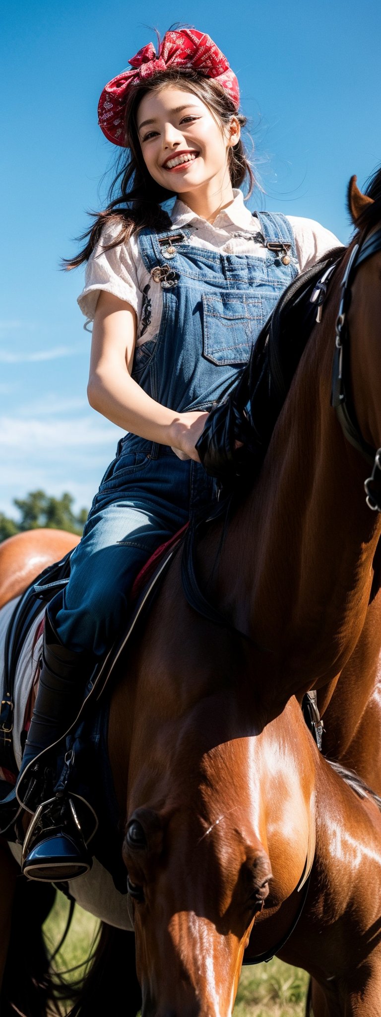 (Masterpiece, Top Quality, Best Quality, Official Art, Beauty and Aesthetics: 1.2), HDR, high contrast, wide shot(majestic:1.5), hyper realistic, highly detailed, uhd:1.3, RAW photo, ,Japanese ,idol,1girl, grin,dungarees , bow on head, riding breeches,riding a horse