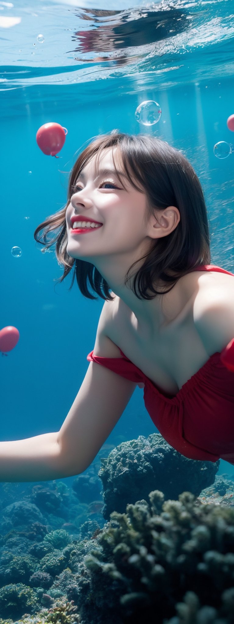 1girl, solo,,  short hair, blue eyes,black hair, collarbone, GRIN, water, lips, black transparent OFF SHOULDER, sunlight, bubbles, underwater, (small bubbles: 1.3), (red balloons: 1.2), perfect light, idol,