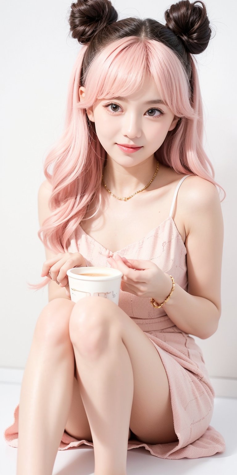 1girl, light PINK hair,BLACK eyes, long hair, cute dress, elegant bun hairstyle, tender gaze, warmly facial expression, white background, holding a coffee cup,  sitting. ((Chibi character)), Korean,Japanese,perfect light