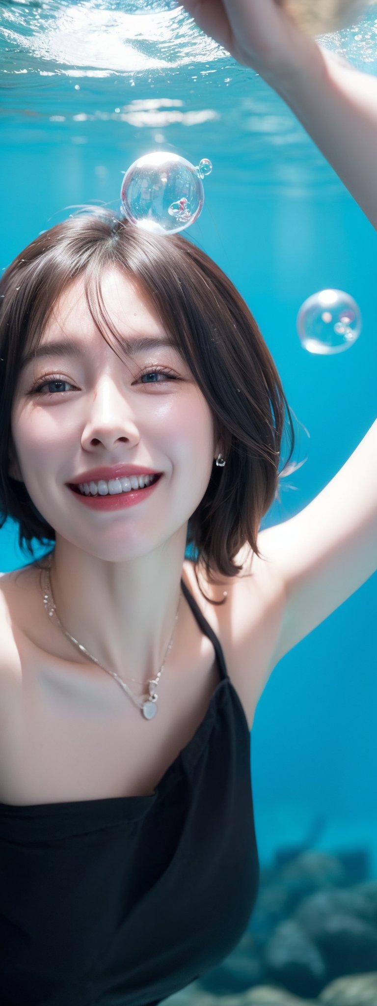 1girl, solo,,  short hair, blue eyes,black hair, collarbone, GRIN, water, lips, black transparent OFF SHOULDER, sunlight, bubbles, underwater, (small bubbles: 1.3), (red balloons: 1.2), perfect light, idol,