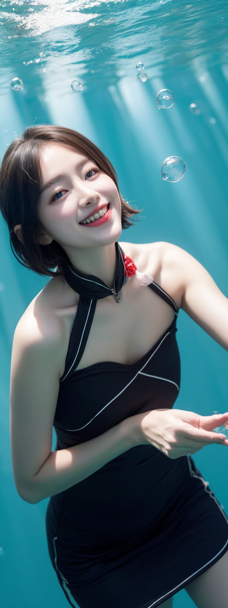 1girl, solo,,  short hair, blue eyes,black hair, collarbone, GRIN, water, lips, black transparent cheongsam, sunlight, bubbles, underwater, (small bubbles: 1.3), (red balloons: 1.2), perfect light, idol,