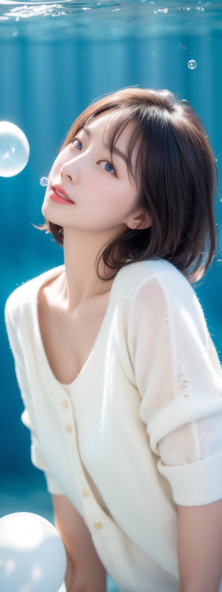 1girl, solo, looking at viewer, short hair, blue eyes, brown hair, black hair, collarbones, parted lips, water, lips, white sweater, sunlight, bubbles, underwater, ((small bubbles)), red balloons ,korean,perfect light,idol