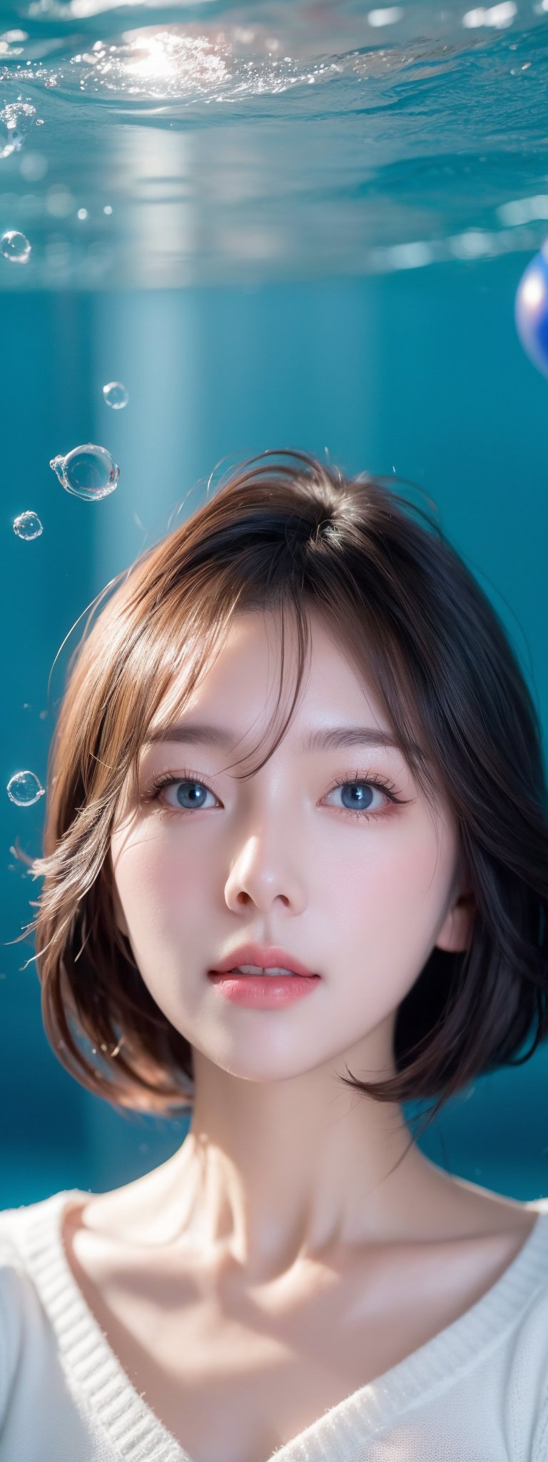 1girl, solo, looking at viewer, short hair, blue eyes, brown hair, black hair, collarbones, parted lips, water, lips, white sweater, sunlight, bubbles, underwater, ((small bubbles)), red balloons ,korean,perfect light,idol