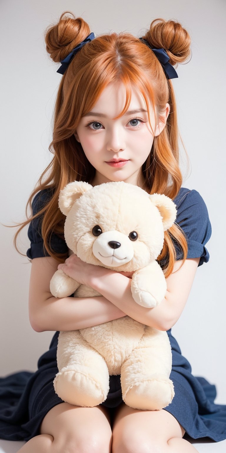 1girl, light orange hair, blue eyes, long hair, cute dress, elegant bun hairstyle, tender gaze, warmly facial expression, white background, holding a BEAR DOLL, she’s a noblewoman. she is sitting. ((Chibi character)),Korean,Japanese,perfect light