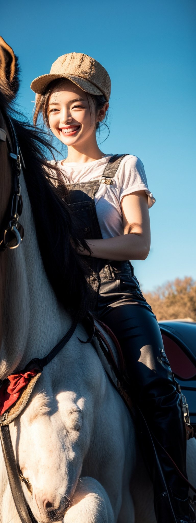 (Masterpiece, Top Quality, Best Quality, Official Art, Beauty and Aesthetics: 1.2), HDR, high contrast, wide shot(majestic:1.5), hyper realistic, highly detailed, uhd:1.3, RAW photo, ,Japanese ,idol,1girl, grin,dungarees , bow on head, riding breeches,riding a horse