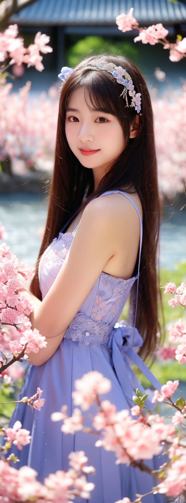 A 16-year-old Japanese beauty,in the sakura flowers.Turn slightly, purple dress,Beauty