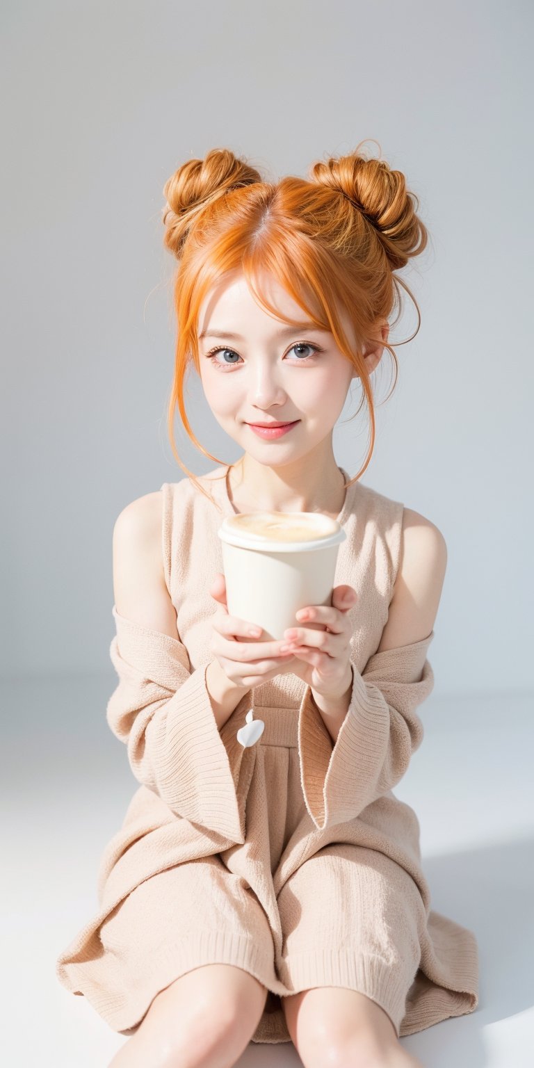 1girl, light orange hair, blue eyes, long hair, cute dress, elegant bun hairstyle, tender gaze, warmly facial expression, white background, holding a coffee cup, she’s a noblewoman. she is sitting. ((Chibi character)),Korean,Japanese,perfect light