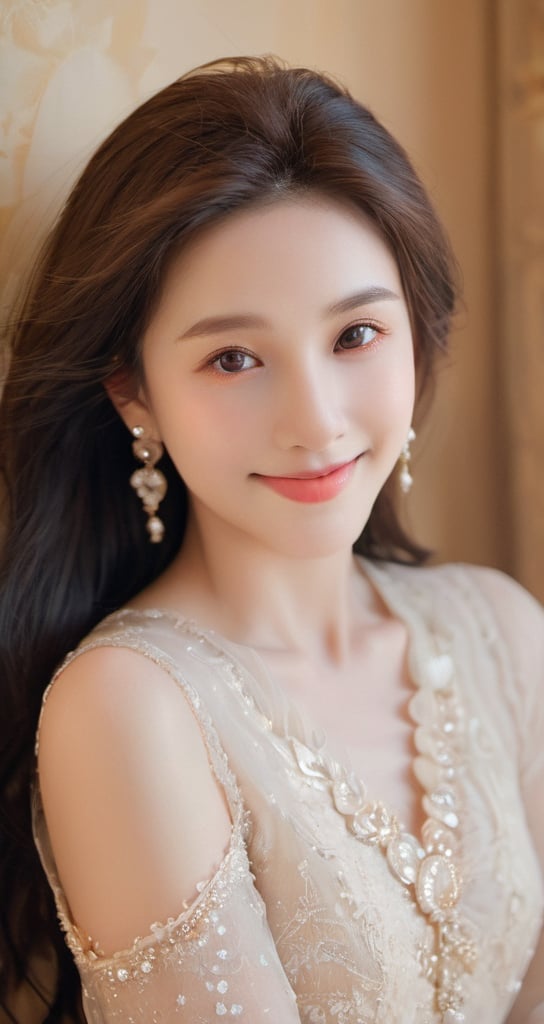 Beautiful soft light, (beautiful and delicate eyes), very detailed, pale skin, (long hair), dreamy, ((front shot)), soft expression, bright smile, art photography, fantasy, jewelry, shyness, soft image, masterpiece , ultra-high resolution, color, very delicate and soft lighting, details, Ultra HD, 8k, highest quality,a 38 year old girl child, ,xxmixgirl