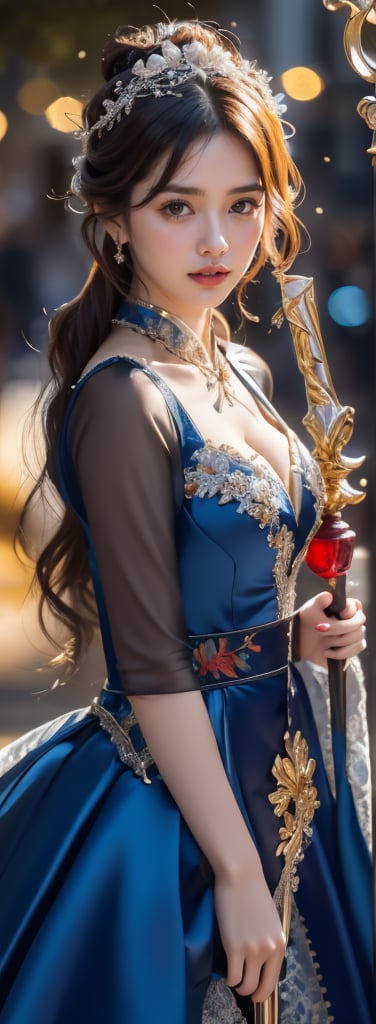 a young woman,looking at the camera, posing,ulzzang, streaming on twitch, character album cover,red moment,style of bokeh, witch dress, ,moody lighting,appropriate comparison of cold and warm, hair over one eye, bow on head, reality,Holding a scepter,1girl,lady,perfect light,Korean,beauty,Beauty,idol
