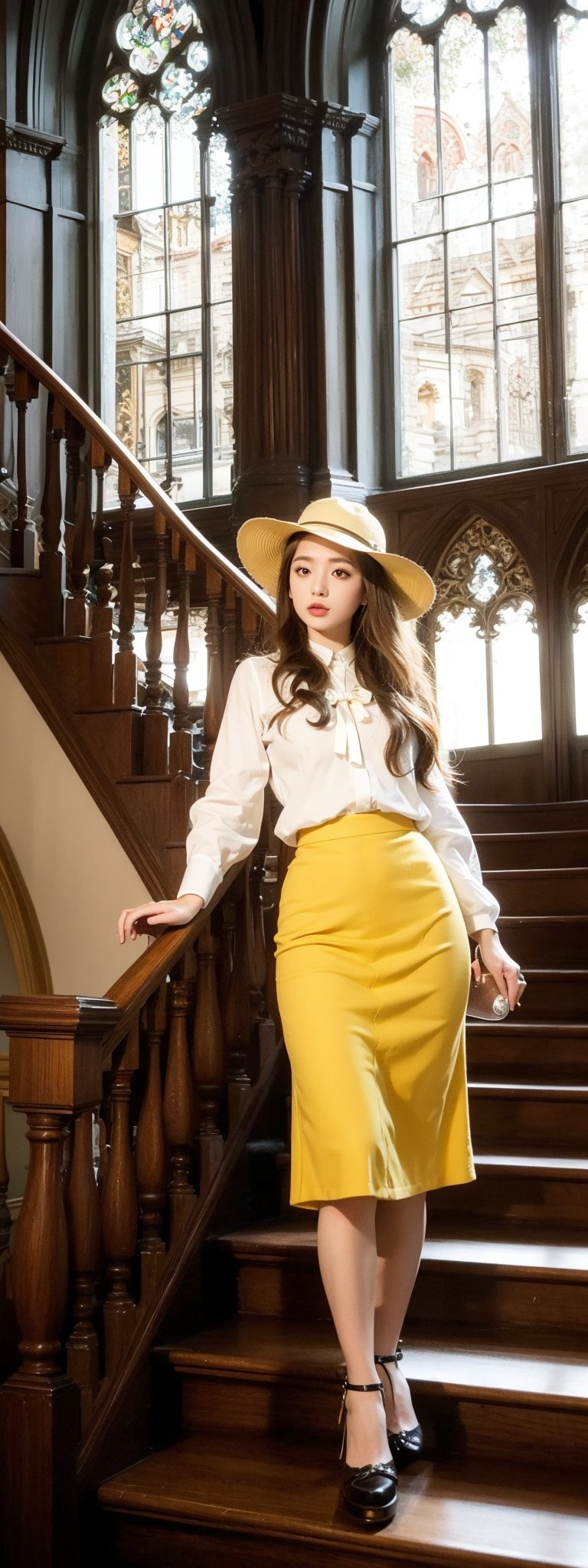 masterpiece,illustration,ray tracing,finely detailed,best detailed,Clear picture,intricate details,highlight,
gothic architecture,
looking at viewer,

nature,gothic architecture,bird,the lakeside in the heart of the forest,the staircase of the balcony,
1girl,long hair,hat,light blonde hair,
yellow bow,yellow bag,skirt,upper body,,perfect light,Korean,idol