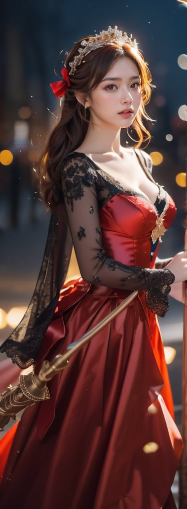 a young woman,looking at the camera, posing,ulzzang, streaming on twitch, character album cover,red moment,style of bokeh, witch dress, ,moody lighting,appropriate comparison of cold and warm, hair over one eye, bow on head, reality,Holding a scepter,1girl,lady,perfect light,Korean,beauty