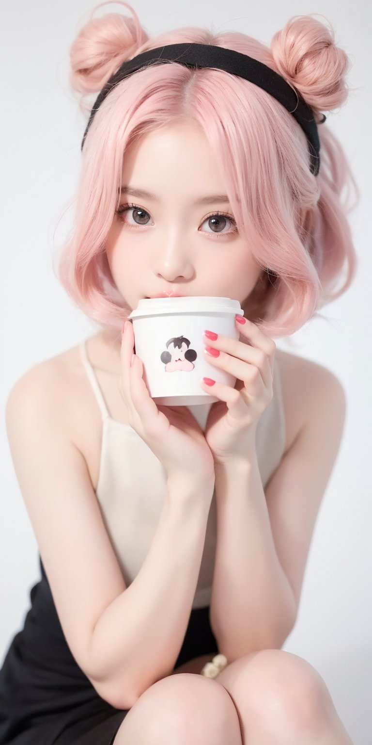 1girl, light PINK hair,BLACK eyes, long hair, cute dress, elegant bun hairstyle, tender gaze, warmly facial expression, white background, holding a coffee cup,  sitting. ((Chibi character)),perfect light,Beauty,Korean