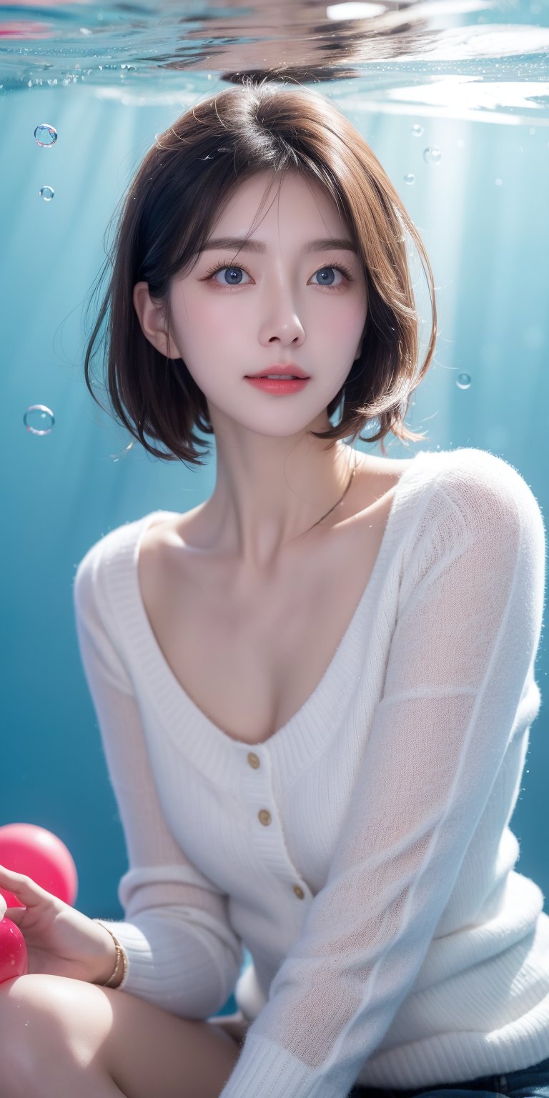 1girl, solo, looking at viewer, short hair, blue eyes, brown hair, black hair, collarbones, parted lips, water, lips, white sweater, sunlight, bubbles, underwater, ((small bubbles)), red balloons ,korean,perfect light,idol