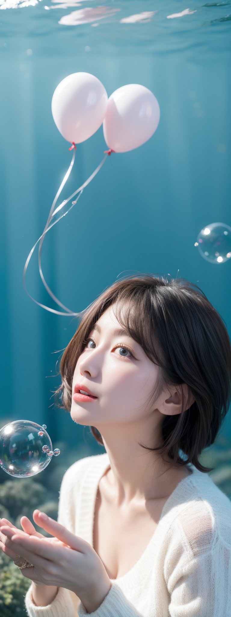 1girl, solo, looking at viewer, short hair, blue eyes, brown hair, black hair, collarbones, parted lips, water, lips, white sweater, sunlight, bubbles, underwater, ((small bubbles)), red balloons ,korean,perfect light,idol