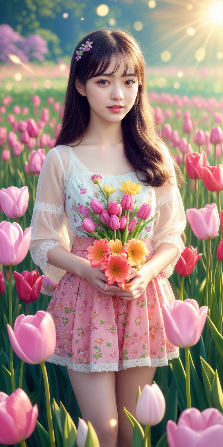 absurdres,  highres,  ultra detailed,  (1girl:1.3), smile , sunlight , lens flare reflection,lomography,  analog photography,  vibrant colors,  soft focus,  light leaks,  dreamy atmosphere,  experimental charm,  nostalgic appeal, looking into the viewer, tulips flower farm in bg, holding 1 tulip flower in right hand, perfect fingers,1 girl,Korean