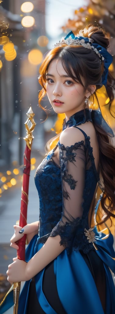 a young woman,looking at the camera, posing,ulzzang, streaming on twitch, character album cover,red moment,style of bokeh, witch dress, ,moody lighting,appropriate comparison of cold and warm, hair over one eye, bow on head, reality,Holding a scepter,1girl,lady,perfect light,Korean,beauty,Beauty,idol