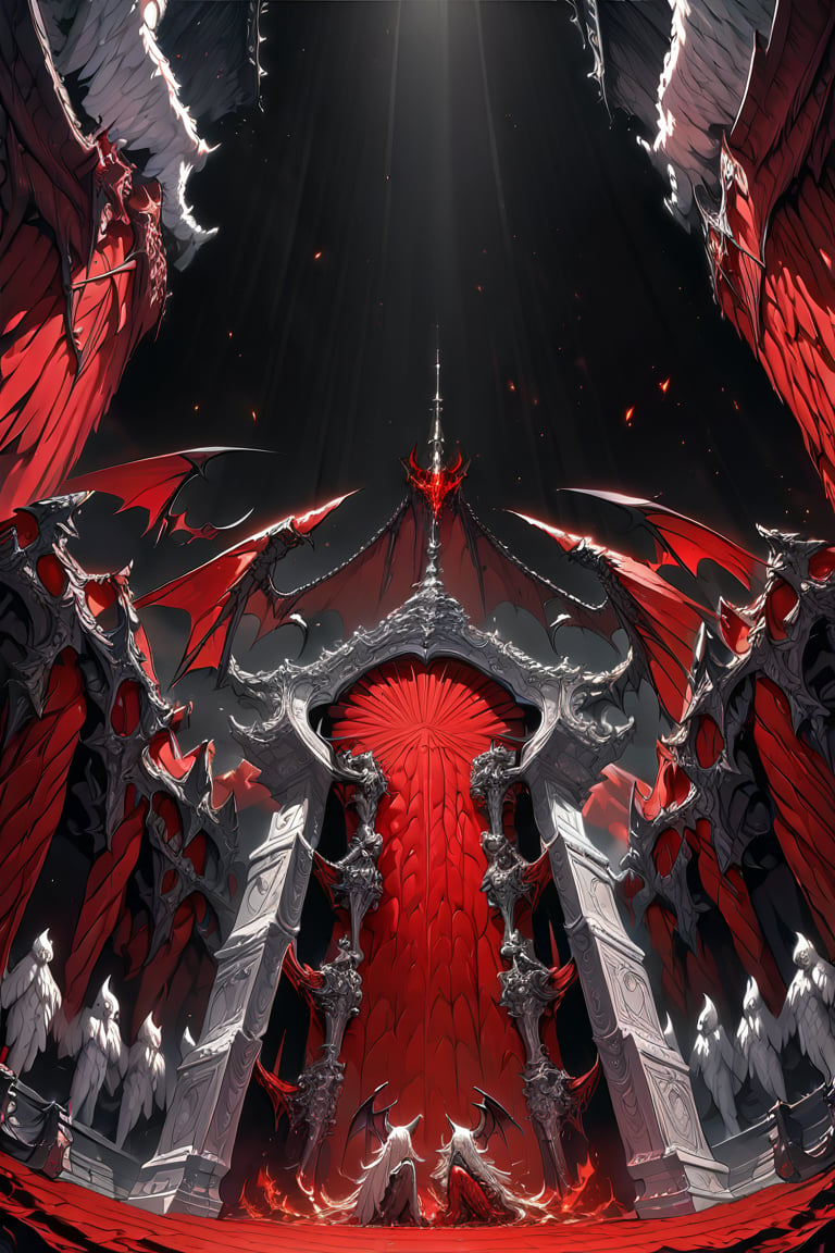 red Devil Satan sits on the evil throne of hell in the center of the picture, two white angels with wings kneel at red Devil Satan's feet one left and one right, A horizontal and vertical composition,center composition,Low angle,Black background,(masterpiece),(best quality),illustration,ultra detailed,hdr,Depth of field,(colorful),officialart