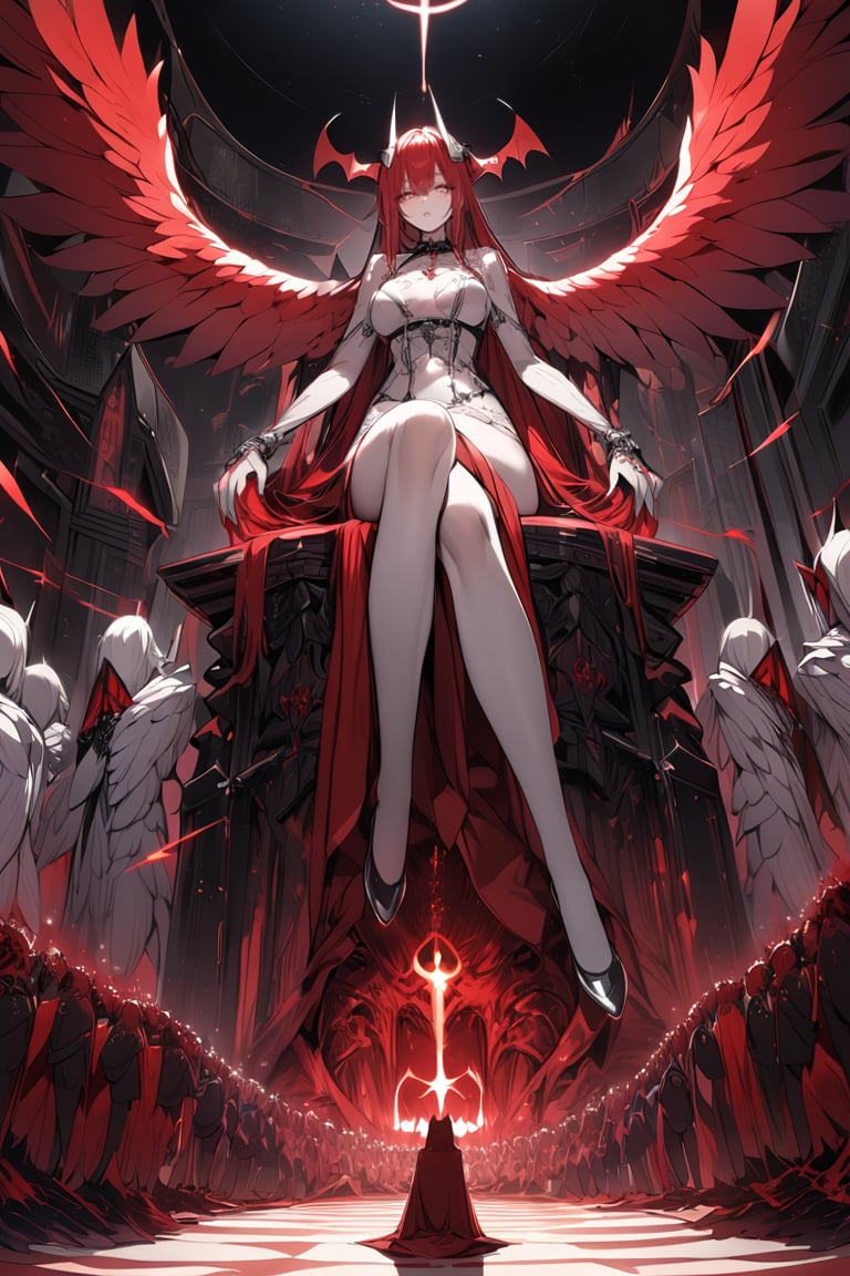 huge red Devil Satan sits on the evil throne of hell in the center of the picture,Satanism, two white angels kneel at red Devil Satan's feet one left and one right, the angels have huge transparent feathered wings,A horizontal and vertical composition,center composition,Low angle,Black background,(masterpiece),(best quality),illustration,ultra detailed,hdr,Depth of field,(colorful)