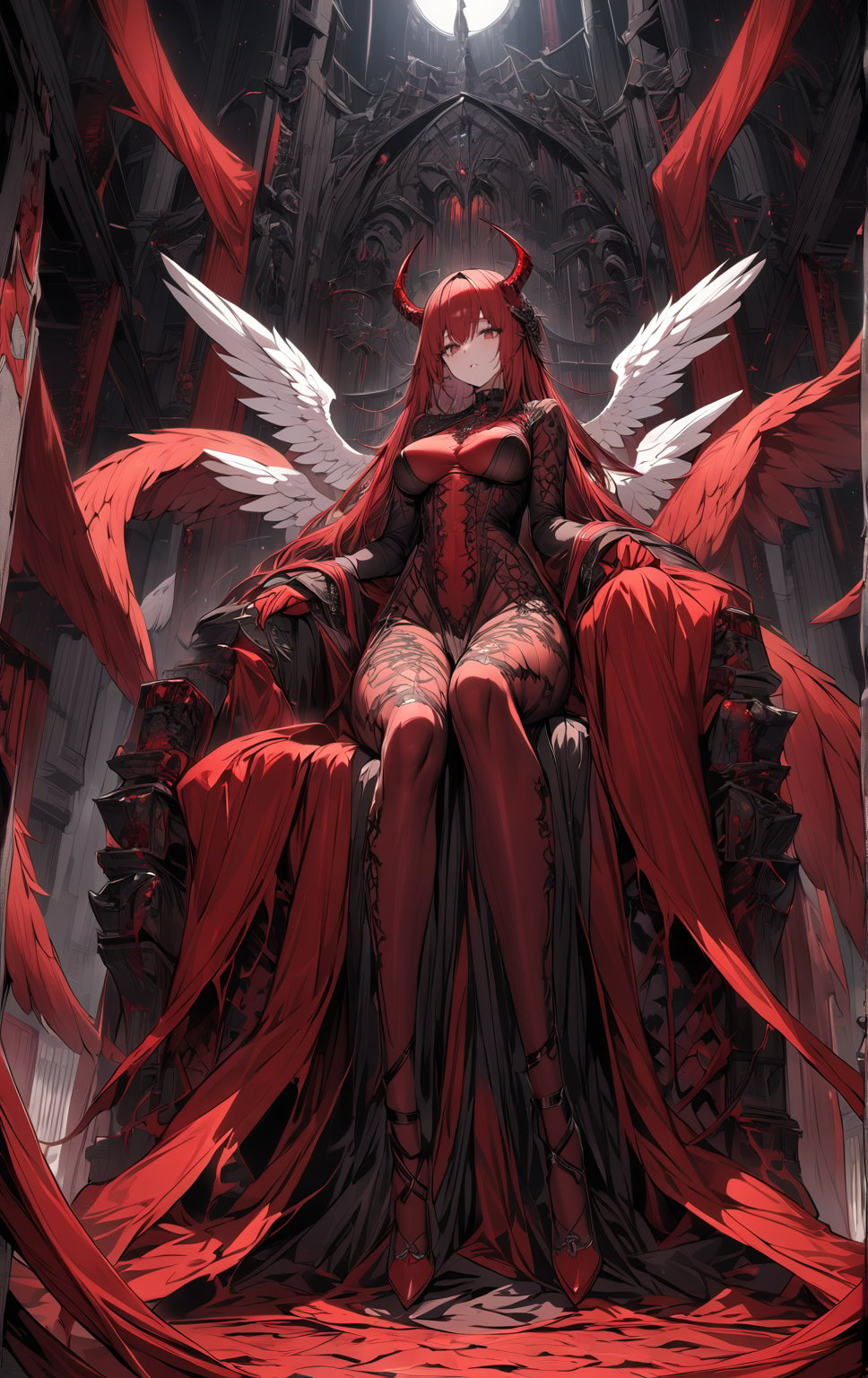 huge red Devil Satan sits on the evil throne of hell in the center of the picture,Satanism, two white angels kneel at red Devil Satan's feet one left and one right, the angels have huge transparent feathered wings,A horizontal and vertical composition,center composition,Low angle,Black background,(masterpiece),(best quality),illustration,ultra detailed,hdr,Depth of field,(colorful)