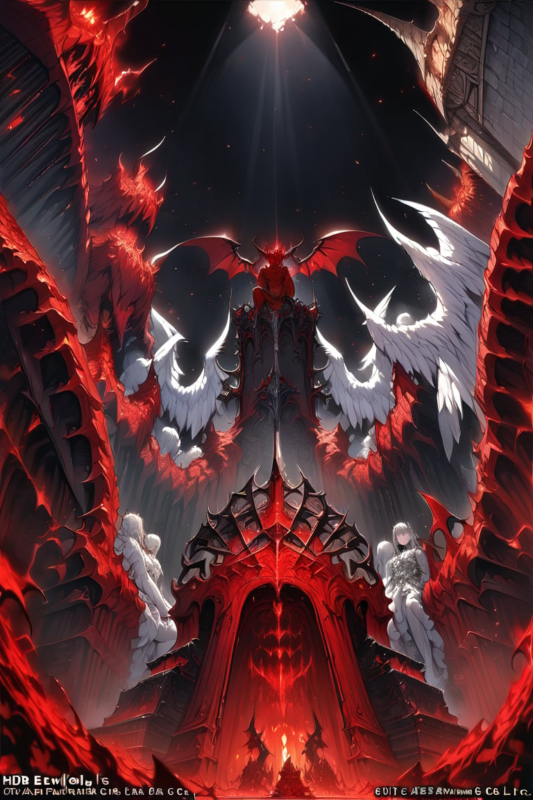 red Devil Satan sits on the evil throne of hell in the center of the picture, two white angels with wings kneel at red Devil Satan's feet one left and one right, A horizontal and vertical composition,center composition,Low angle,Black background,(masterpiece),(best quality),illustration,ultra detailed,hdr,Depth of field,(colorful),officialart