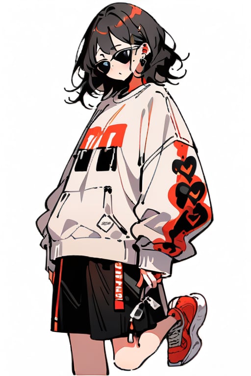 Beautiful, masterpiece, super detailed, 1girl (white casual long sleeve loose fit sweatshirt, black baggy shorts, red sneakers with white soles and strings, black sunglasses))